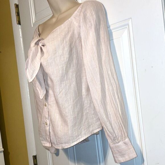FREE PEOPLE Linen Blend Hello There Off The Shoulder  Pink White Mini Stripes XS - Picture 6 of 12